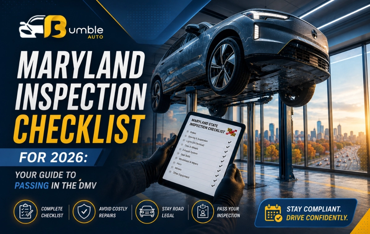 Vehicle on a hydraulic lift beside a digital tablet displaying a state inspection checklist.