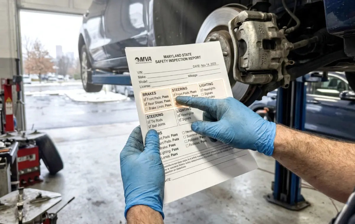 A mechanic's hands pointing to a highlighted section on an official-looking Maryland State Safety Inspection checklist.