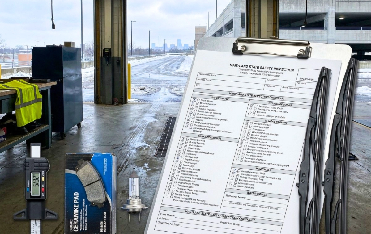 A detailed Maryland State Safety Inspection checklist resting on a heavy-duty aluminum clipboard.