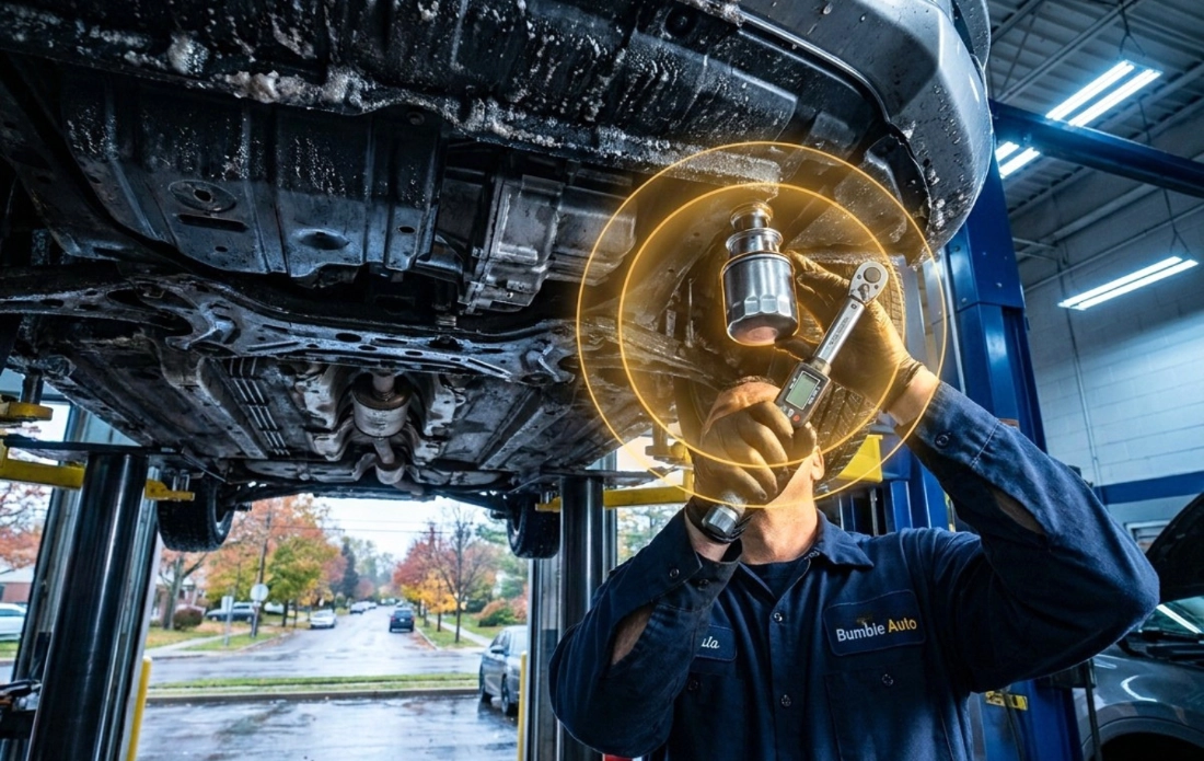Mechanic using a torque wrench to install a vehicle's oil filter, highlighting precise maintenance during service.