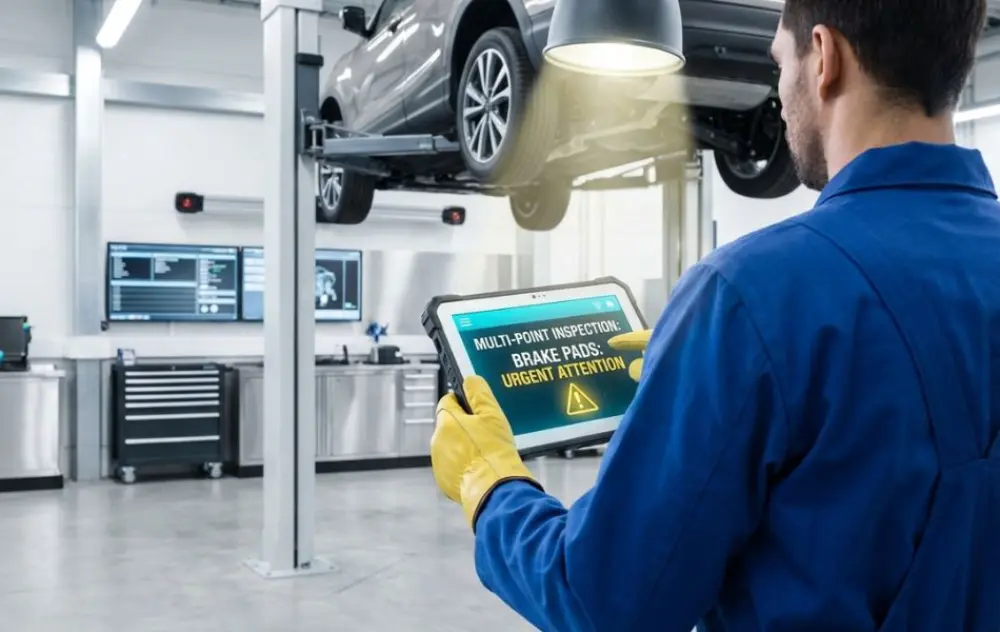 Mechanic monitoring digital brake inspection report