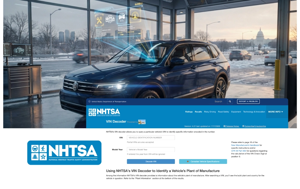 NHTSA; A modern metallic SUV positioned inside a high-tech inspection bay.
