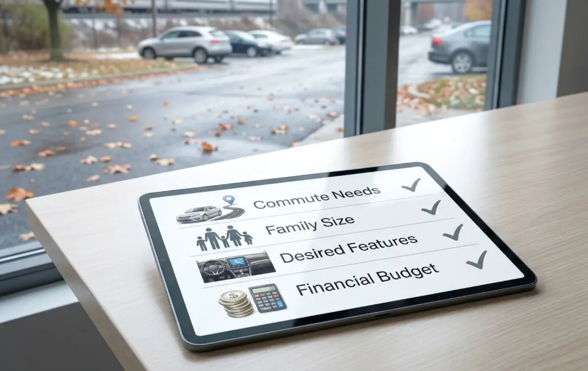 A close-up of a modern digital tablet screen displaying a checklist for car buying.