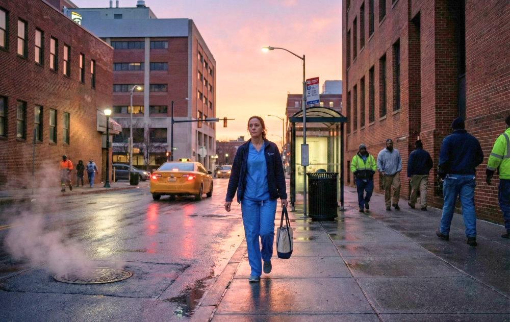 Nurse in scrubs arriving or leaving during dawn or night shift