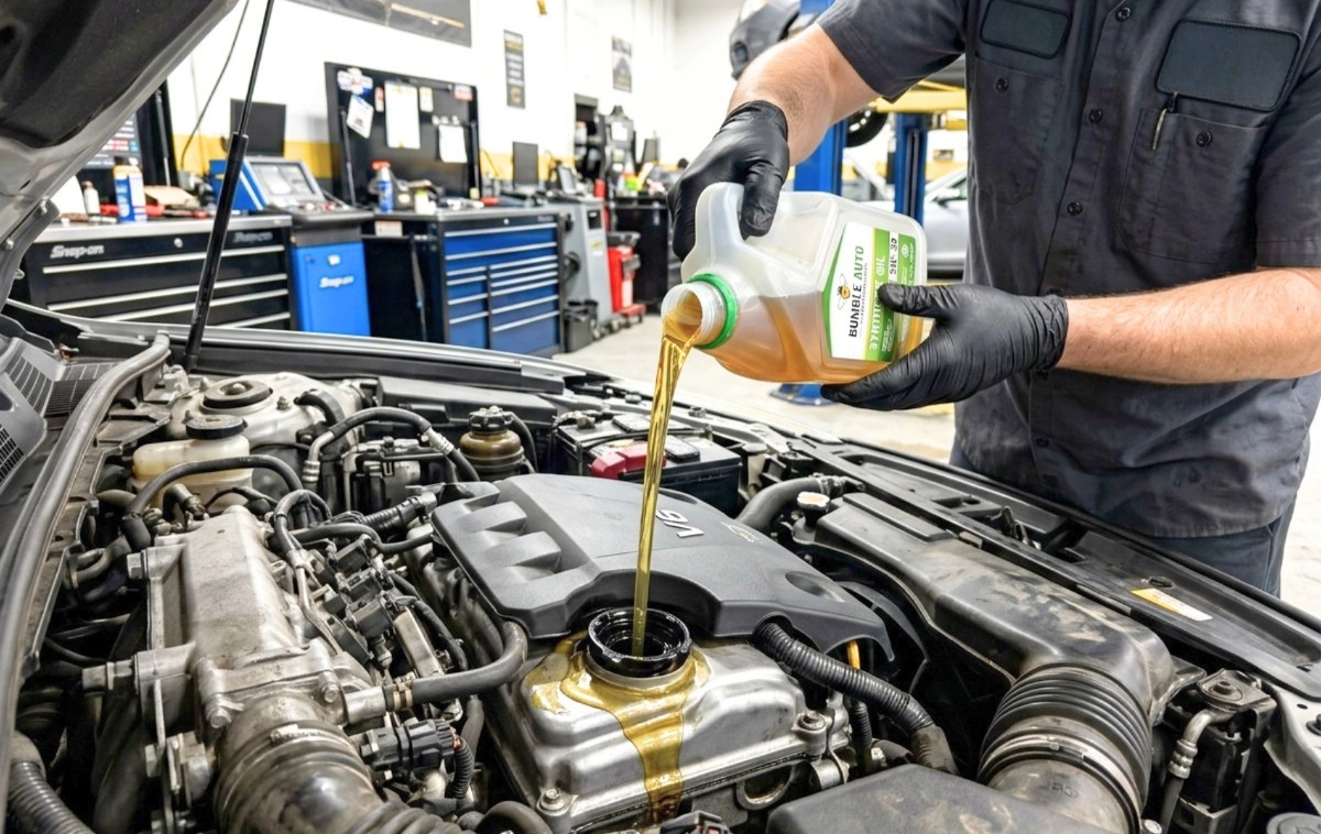 A mechanic pouring fresh, golden engine oil into a car's engine.