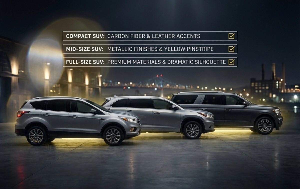 Three SUVs of different sizes (Compact, Mid-size, Full-size) lined up.