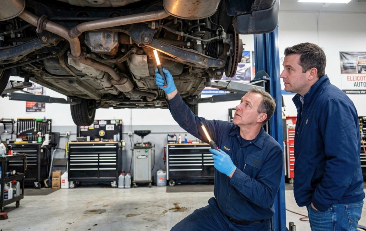 A certified mechanic meticulously inspecting the underside of a car on a lift.