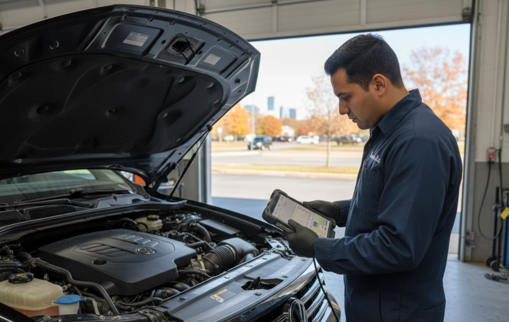 An auto repair man inspecting used car engine