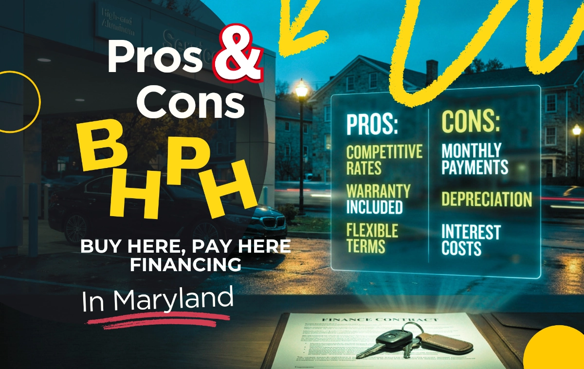 Floating digital infographic overlaying 'Pros' and 'Cons of Buy Here, Pay Here' financing in glowing typography.