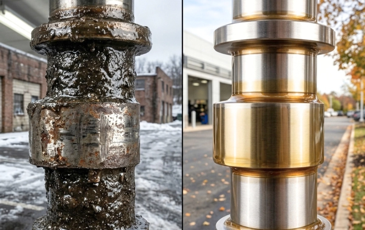 Split comparison showing a dirty engine camshaft with sludge alongside a clean metal camshaft.