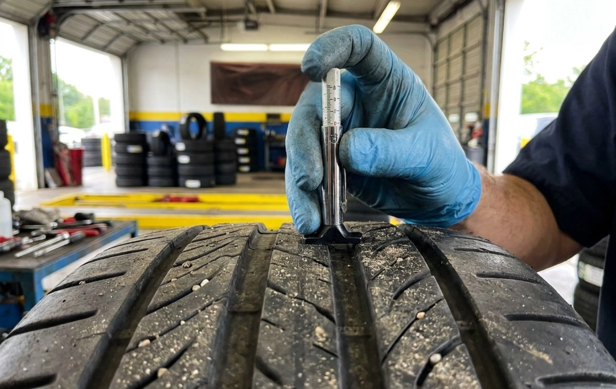 A technician's hand using a tread depth gauge on a high-performance tire.