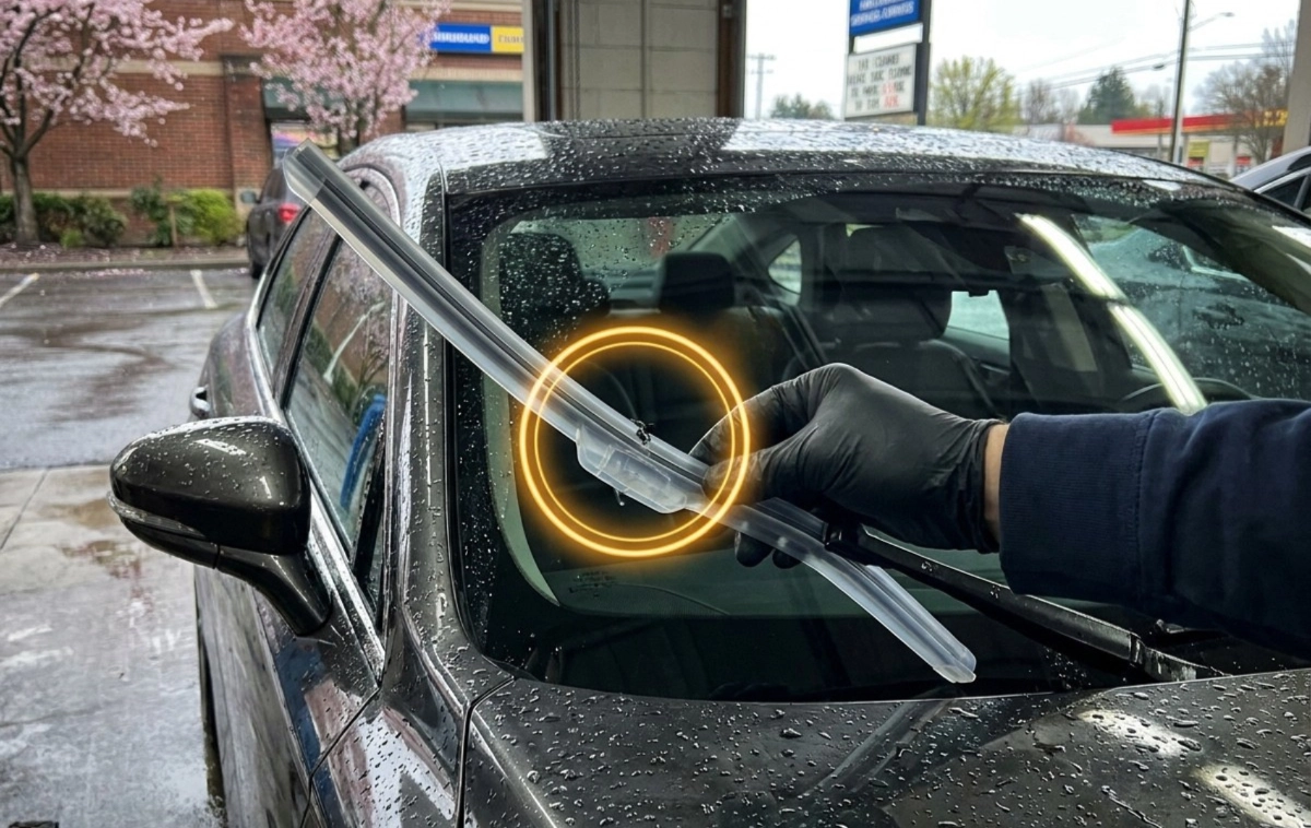 A macro view of a technician's hand installing a premium silicone wiper blade onto a modern sedan.