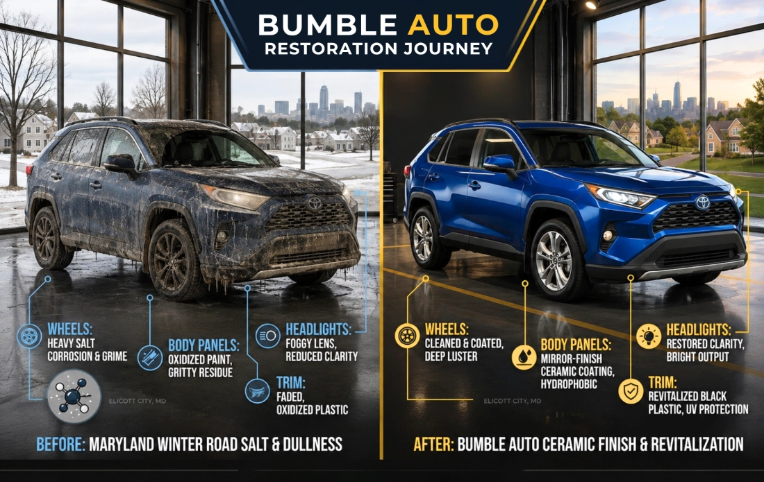 Side-by-side comparison of a dirty blue SUV and a cleaned blue SUV, highlighting exterior condition before and after restoration.