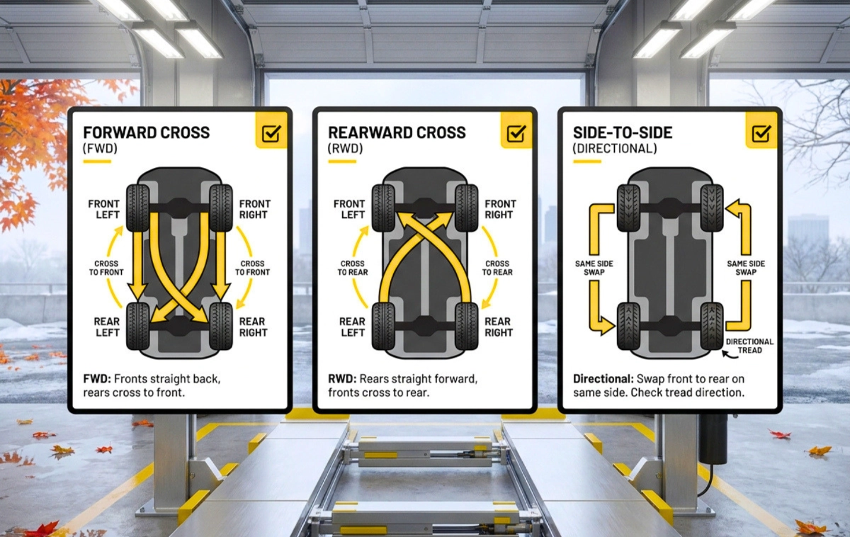 A technical infographic array showcasing three distinct tire rotation patterns.