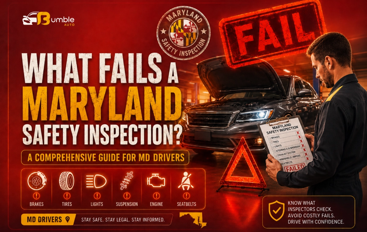 Showing a failed Maryland safety inspection checklist, warning triangle, and car in a red-orange service bay.