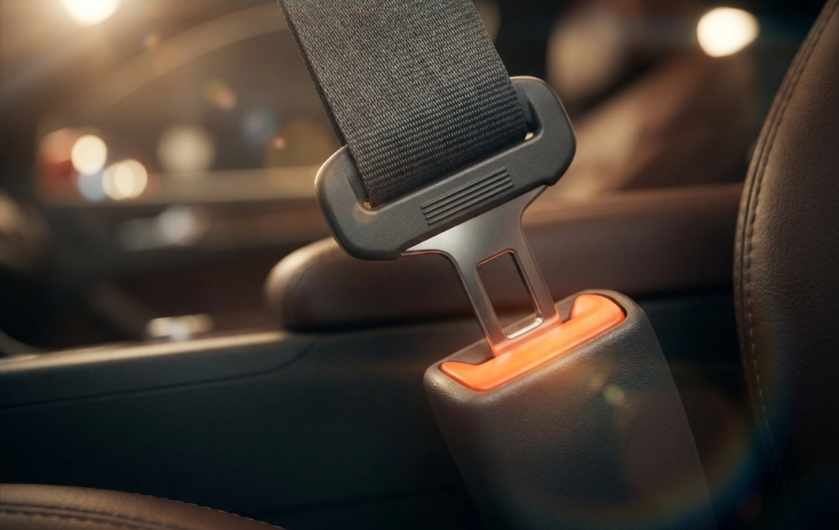 A seatbelt buckle clicking into place