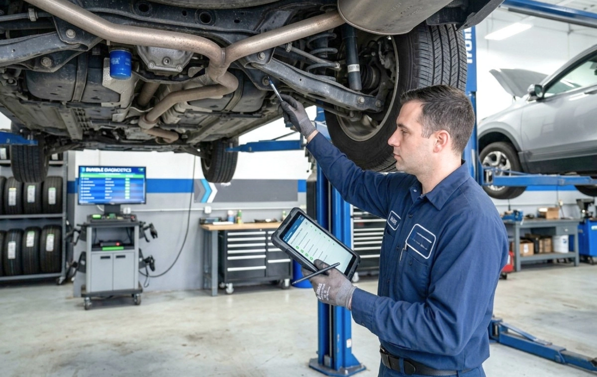 A certified technician conducting a multi-point inspection on a vehicle on a lift, using a tablet for notes.