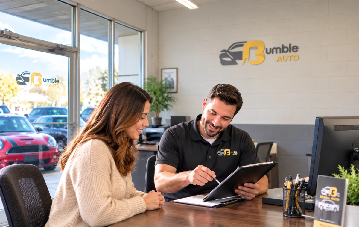Bumble Auto advisor discussing vehicle service options with customer inside modern office.