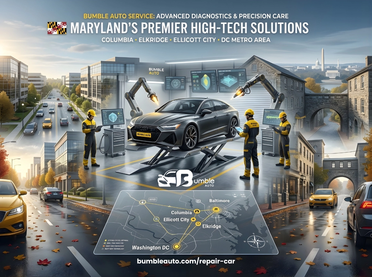 A high-tech Bumble Auto service bay featuring a luxury vehicle surrounded by service team and DMV locations.