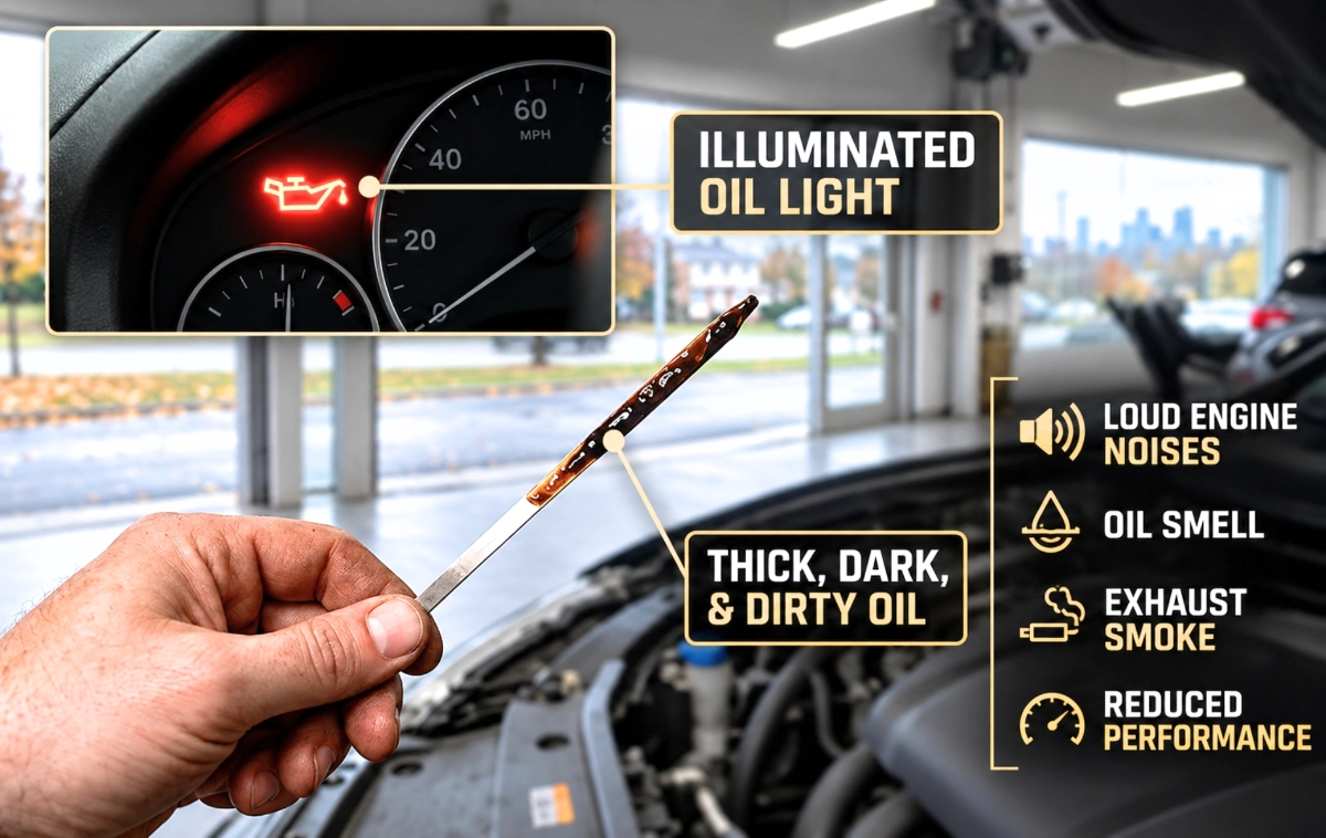 A close-up of a juxtaposed with a hand pulling a dipstick revealing thick, dark, and dirty engine oil.