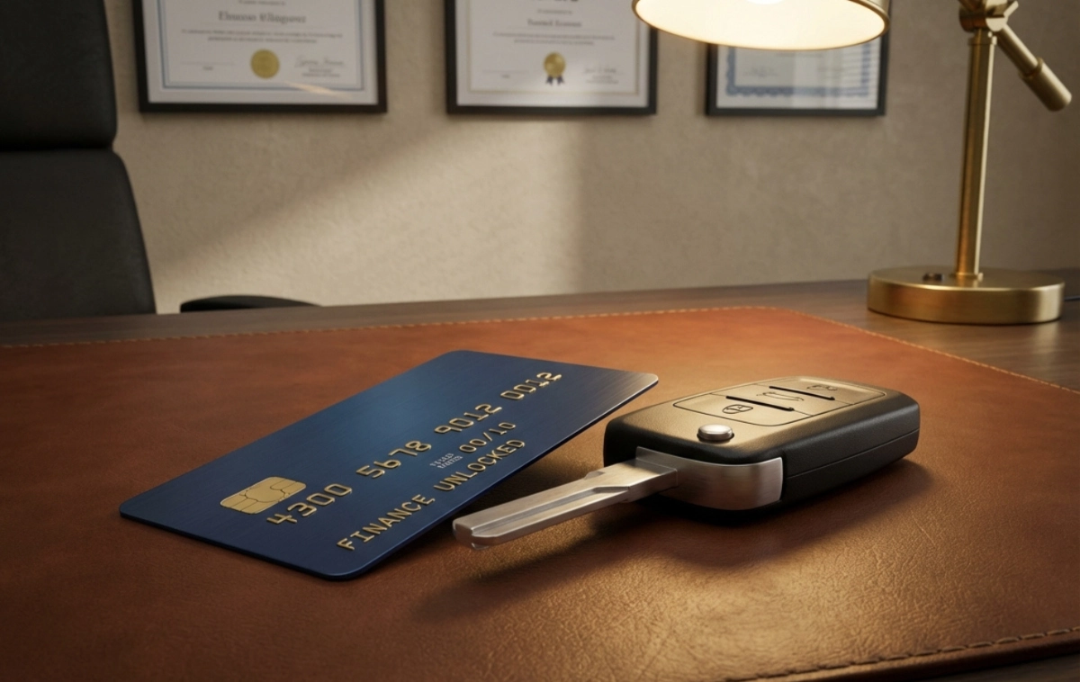 A stylized credit card and a car key intersecting.