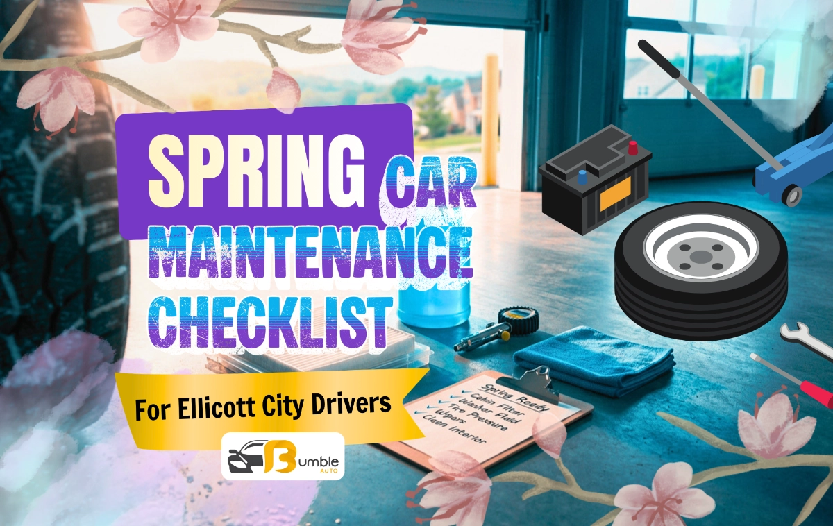 An organized knolling array of spring car maintenance essentials.