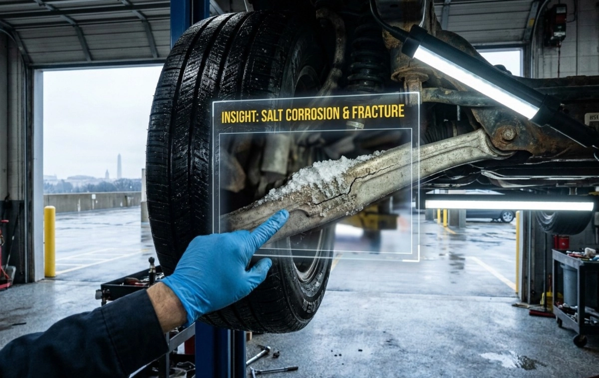 A close-up of a luxury SUV's undercarriage and wheel assembly featuring a graphical 'insight' spotlight.