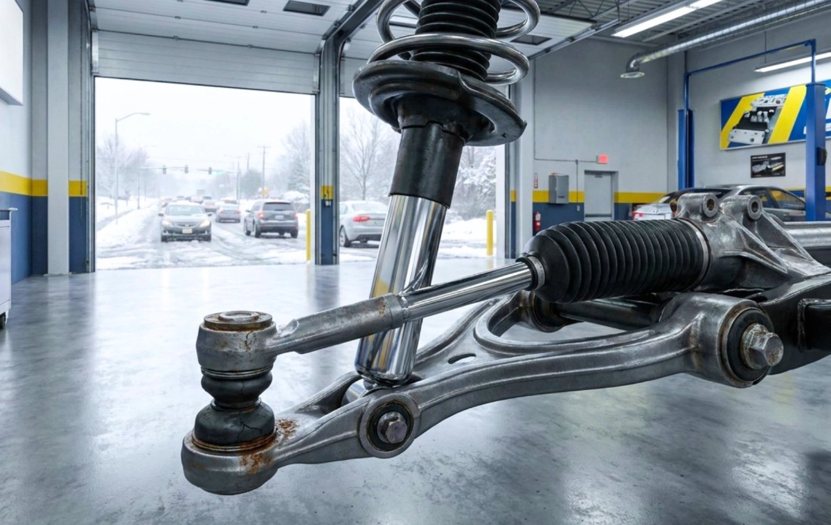 A prominent MacPherson strut, worn ball joints, and a heavy-duty shock absorber.