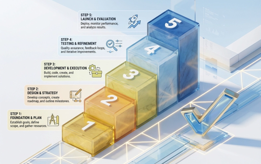 A 3D numbered staircase representing the 5 steps