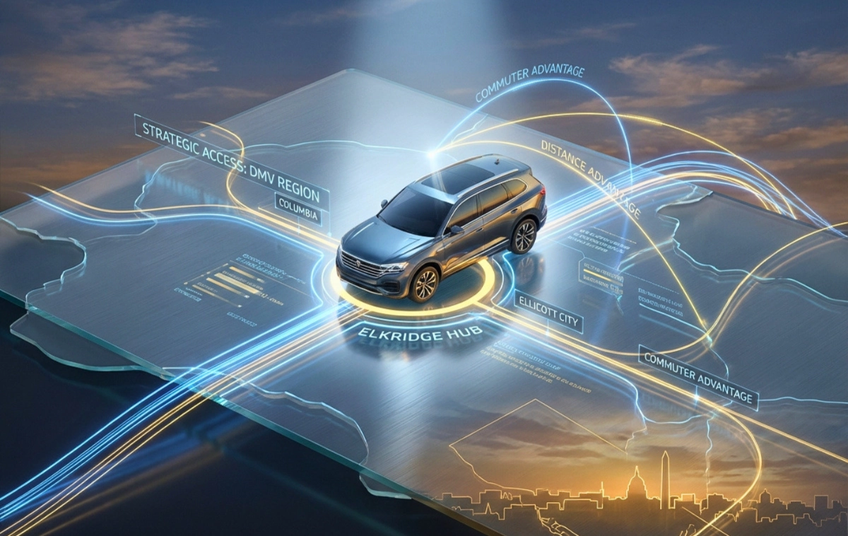 A pristine modern SUV positioned as the central nexus on a topographical map of the Mid-Atlantic region.