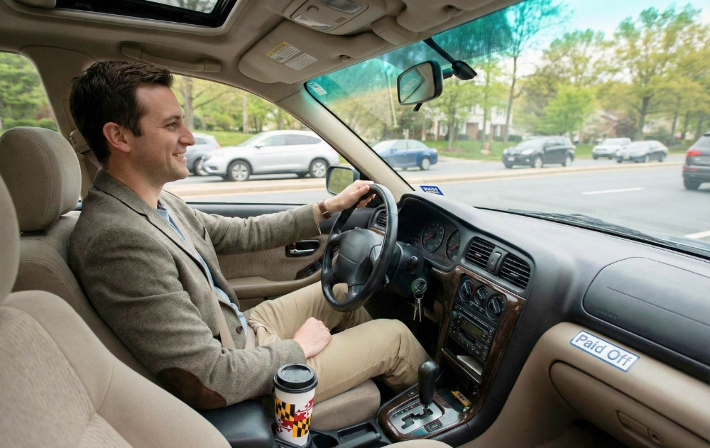 Maryland professional smiling comfortably while driving