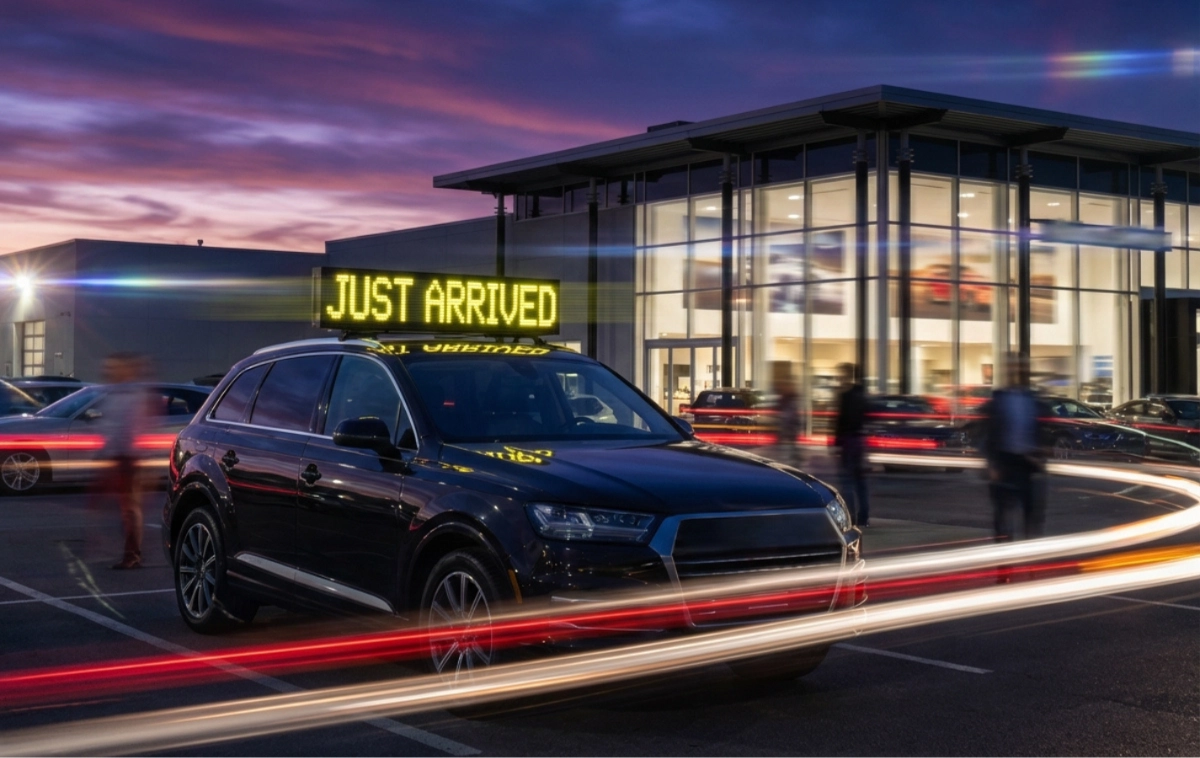 A digital 'Just Arrived' banner on a high-end SUV.