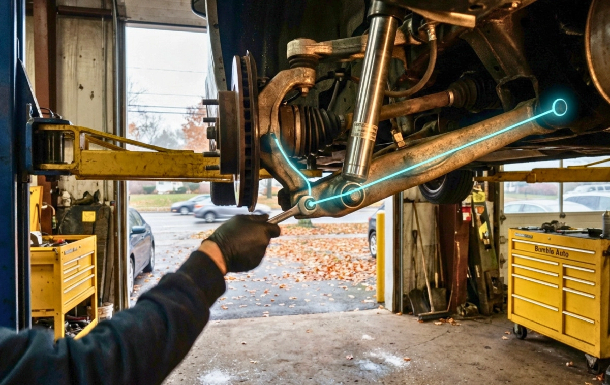 A close-up of a high-performance shock absorber and control arm being precisely adjusted.