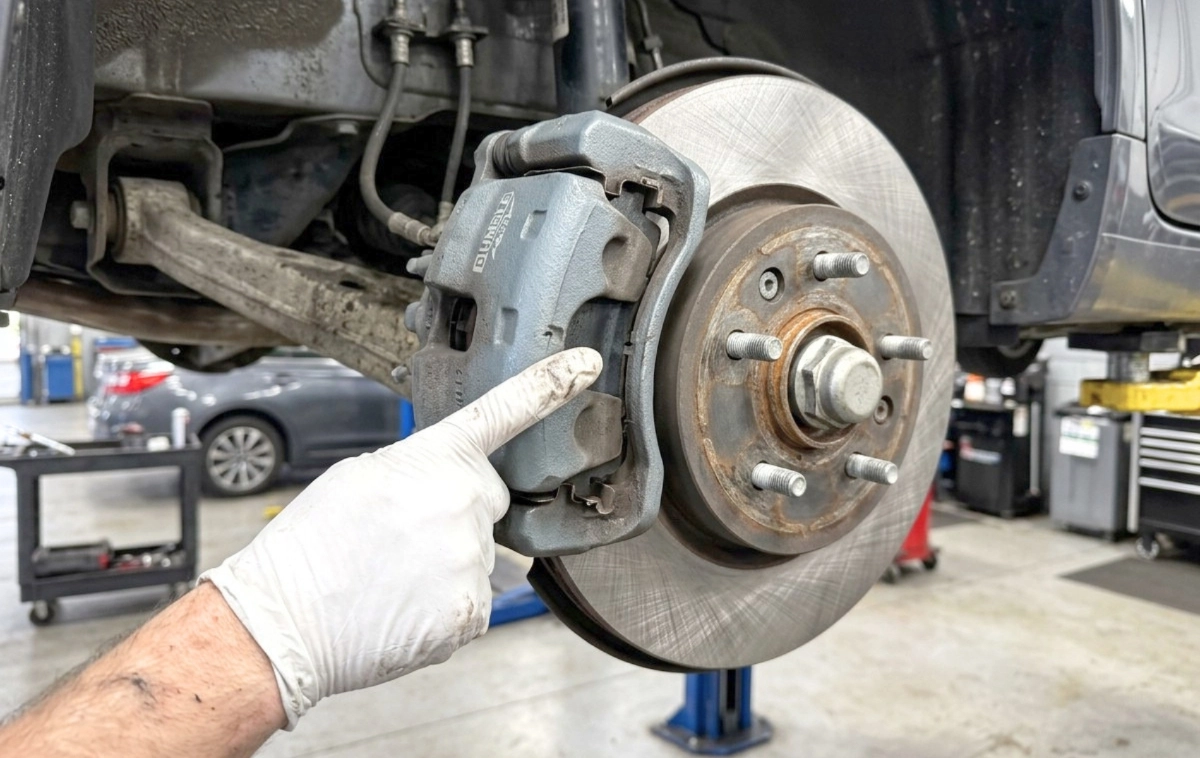 A close-up of a mechanic's hand pointing to a car's brake caliper and rotor.