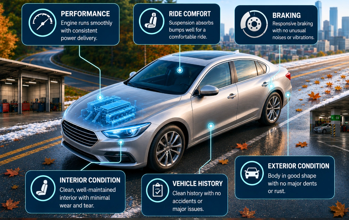 Silver sedan infographic highlights performance, comfort, braking, condition.