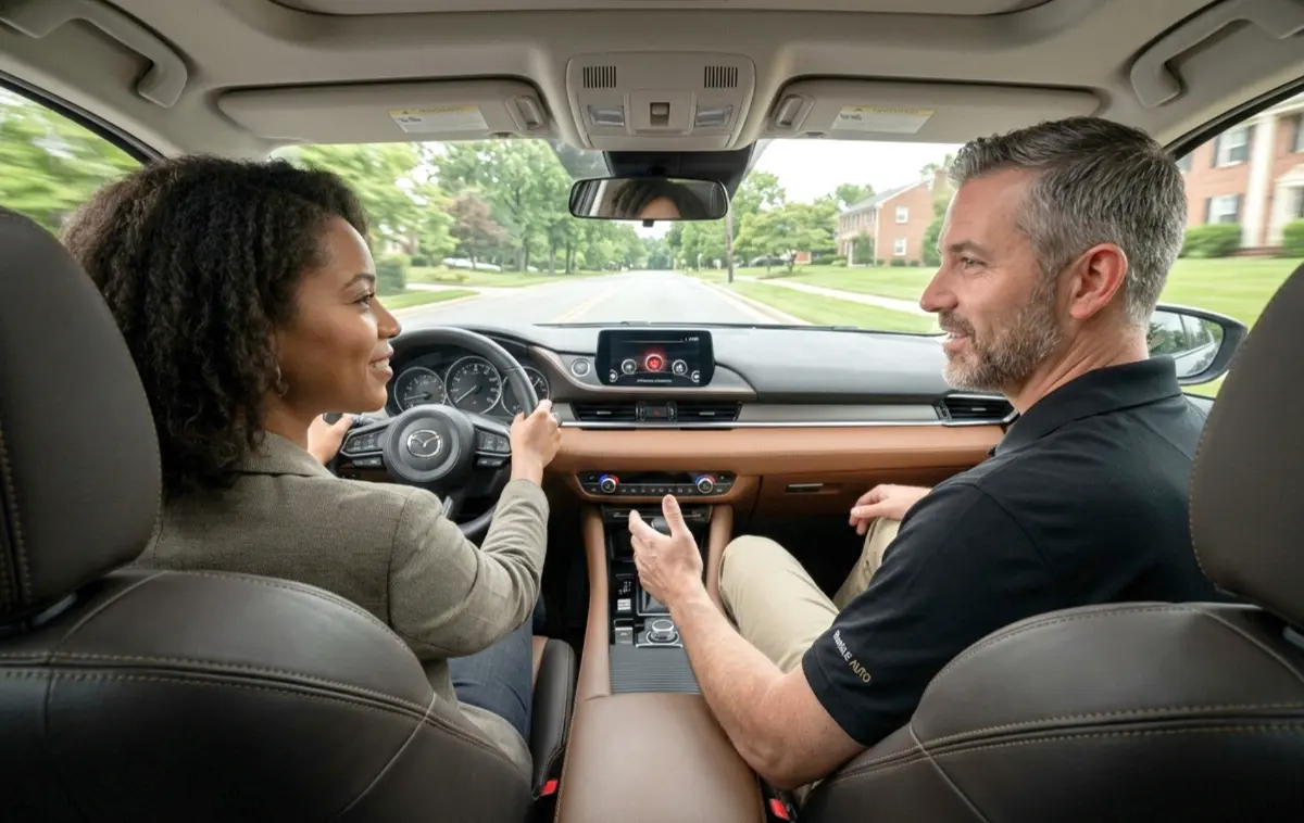 A confident customer test-driving a sleek used sedan, with a professional a representative in the passenger seat.