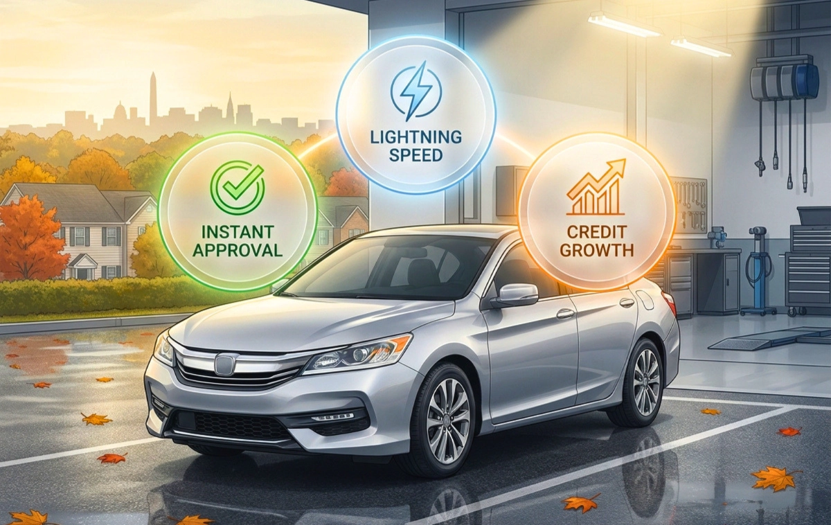 A modern silver sedan, featuring icons for 'Instant Approval', 'Lightning Speed', and 'Credit Growth.