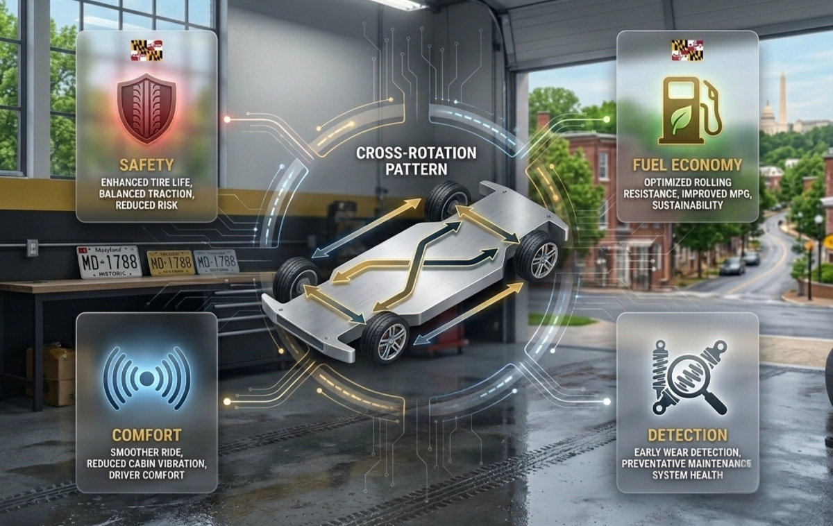 A multi-node infographic schematic of a vehicle chassis showing a cross-rotation pattern.