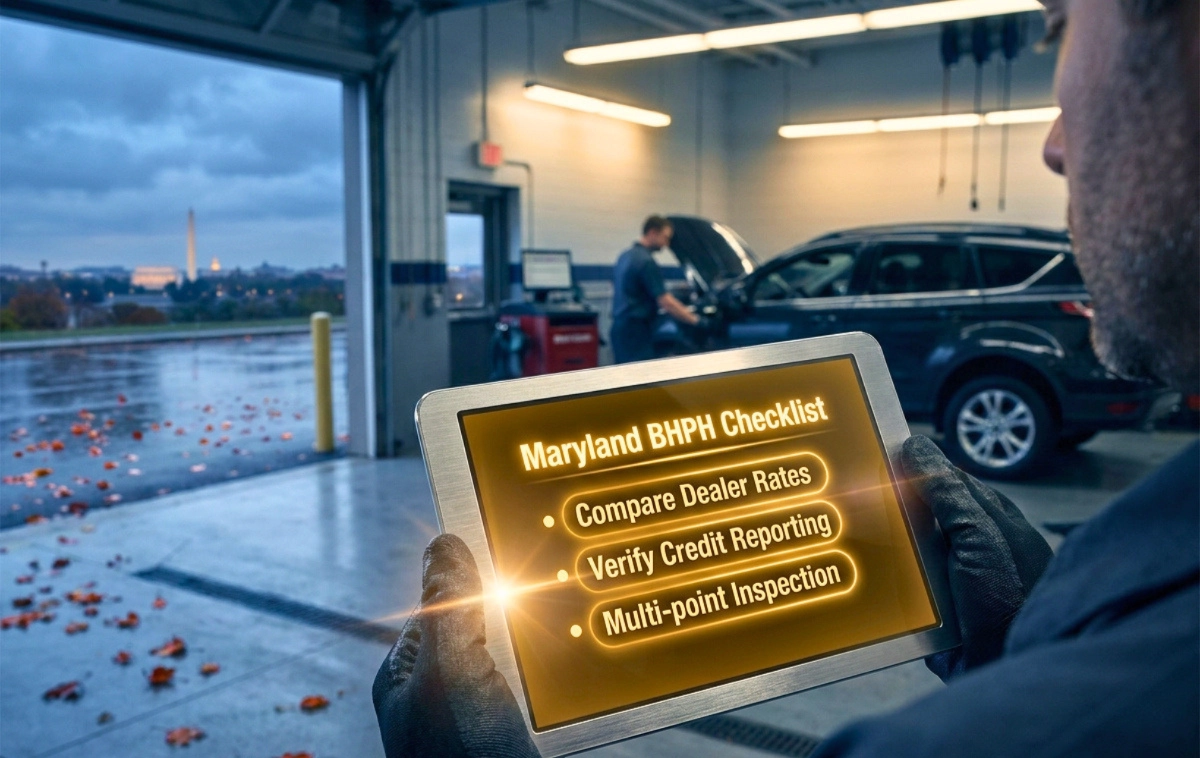 A professional consultant's hand holding a sleek, illuminated digital tablet displaying a glowing 'Maryland BHPH Checklist.