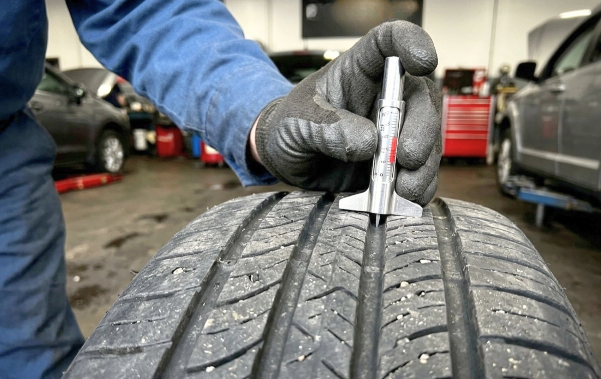 A close-up of a mechanic inspecting a car tire, checking tread depth with a gauge.