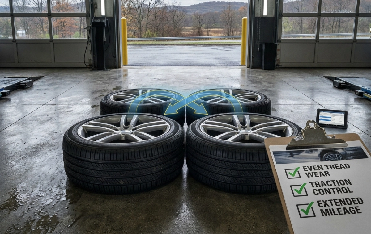 An array of four high-performance vehicle tires arranged in a precise square formation on a service bay floor.