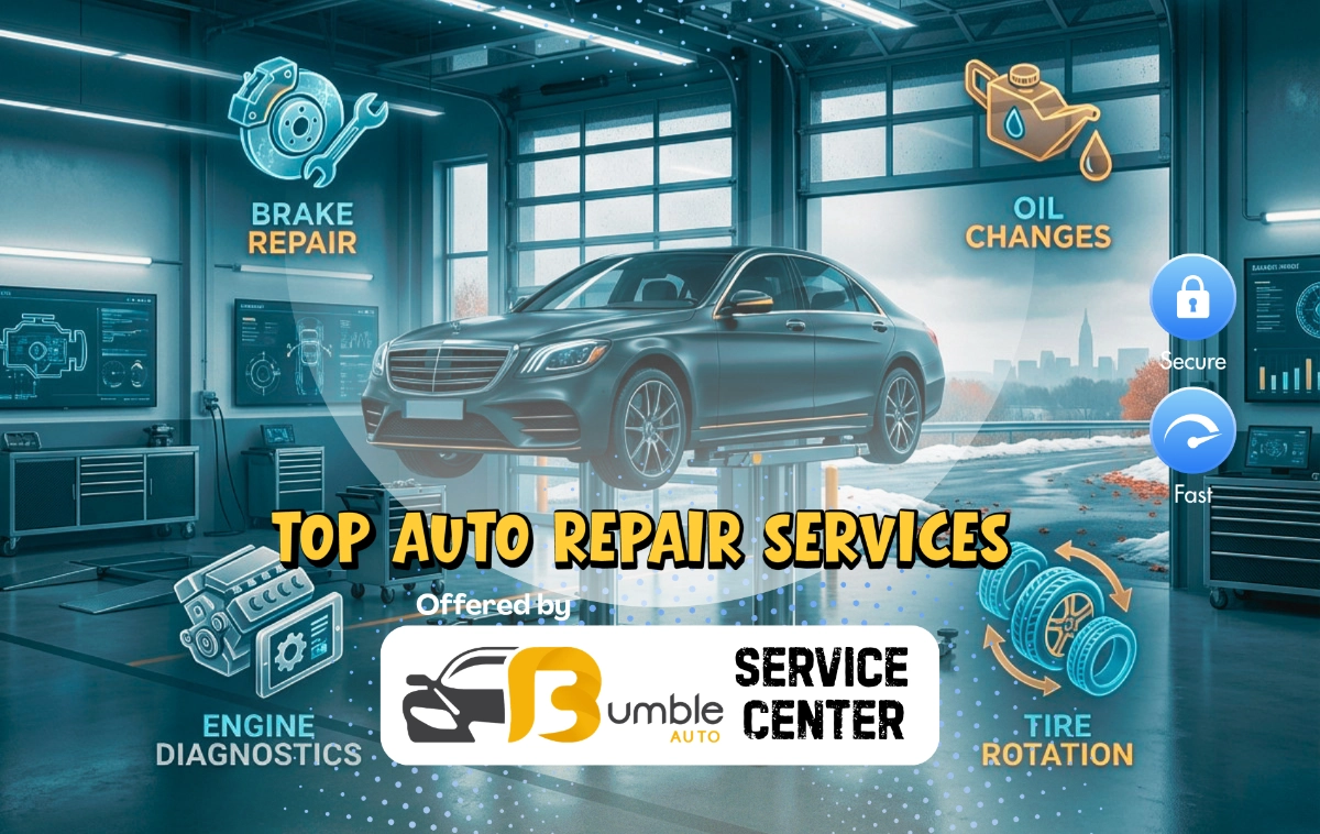 A European luxury sedan on a hydraulic lift, icons for top auto repair services by BumbleAuto