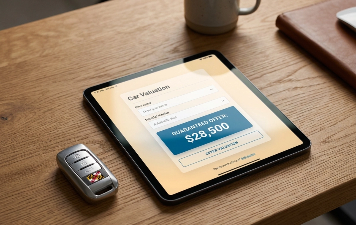 A tablet showing a car valuation app next to a car key.