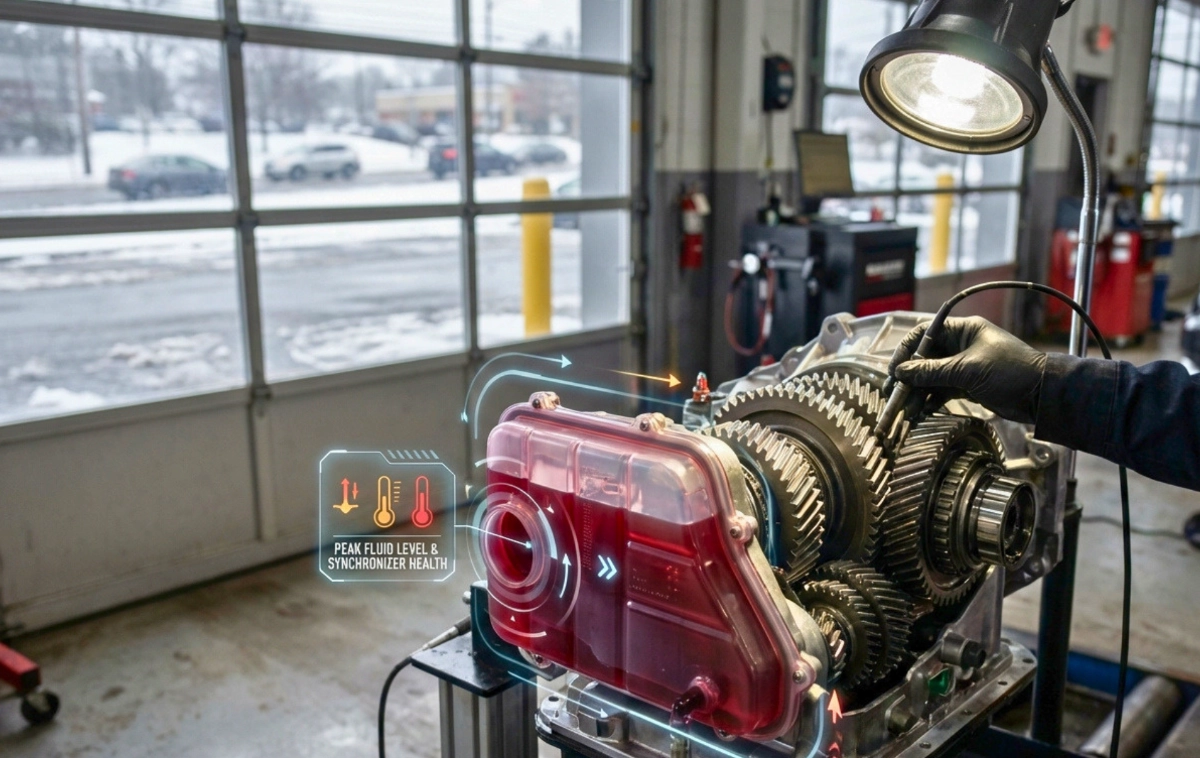 A modern automatic transmission assembly on a professional diagnostic stand