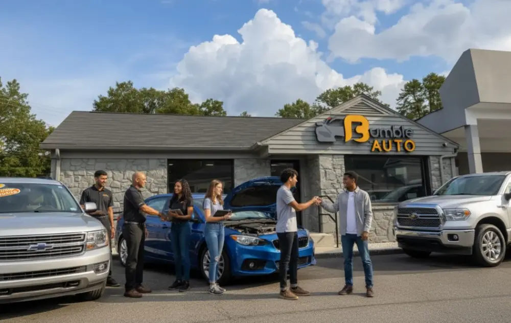 People shaking hands at Bumble Auto car dealership