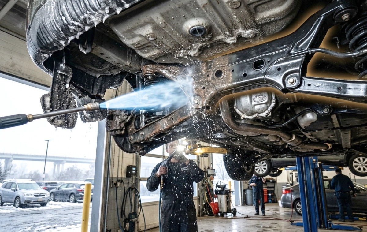 A vehicle's undercarriage being actively cleaned by a high-pressure wash, with visible streaks of winter road salt.
