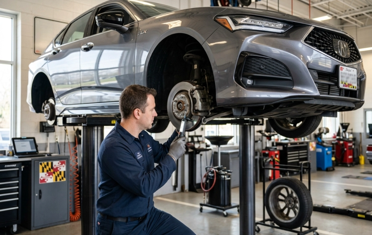 Mechanic inspecting the brake assembly of a vehicle raised on a hydraulic lift.