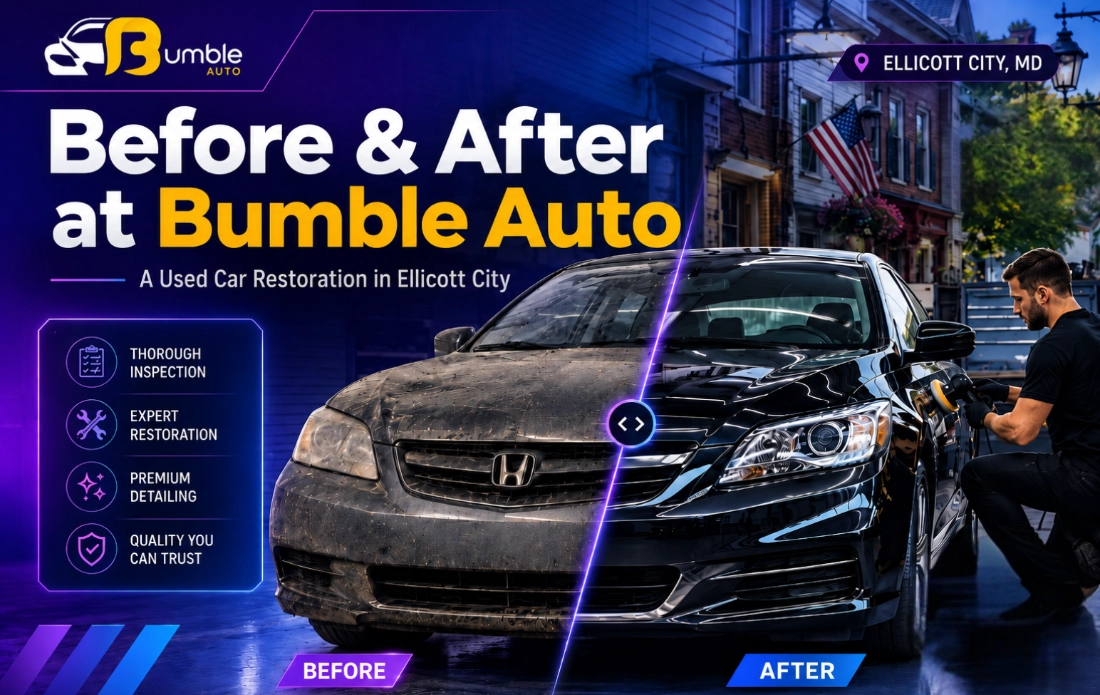 Before and after of a used car restoration in Ellicott City at Bumble Auto.