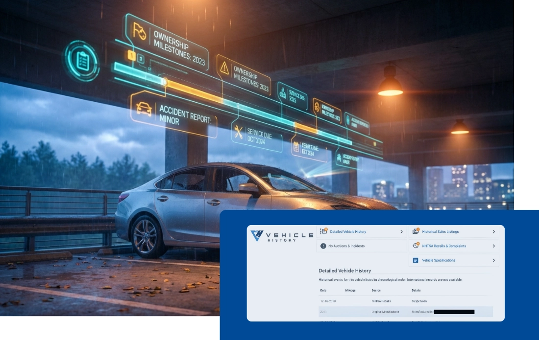 VehicleHistory; A modern silver sedan parked under a glowing 3D holographic timeline