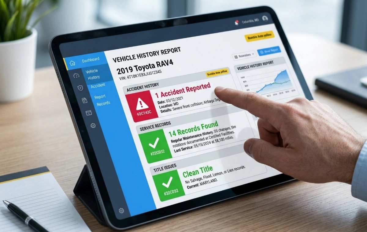 A close-up of a digital vehicle history report on a tablet screen.